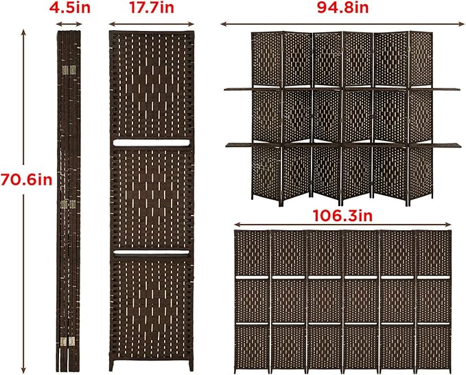 Room Divider 6 Panel Room Screen Divider Folding Portable partition Screen Wood with Removable Storage Shelves Colour Brown