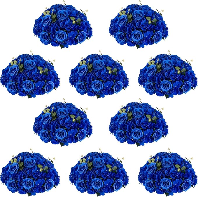 NUPTIO Artificial Flower Centrepieces for Tables - 10 Pcs Large Fake Flowers Roses Balls 15.7 inch Diam- Royal Blue Silk Faux Rose Arrangement Bouquet for Wedding Party Centerpiece Table Decorations