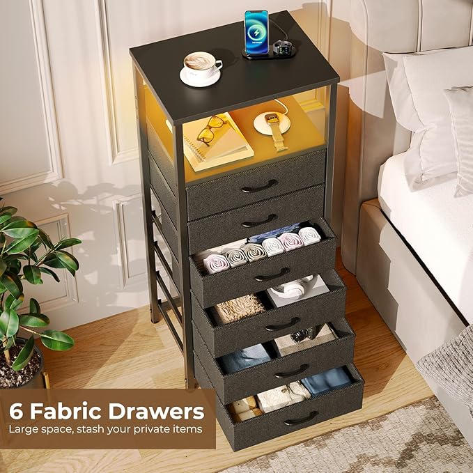 Seventable Night Stand with Charging Station, Tall Nightstand with 6 Fabric Storage Drawers, Side Table with LED Light for Bedroom, Entryway, Black, Set of 2