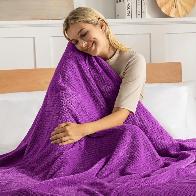 Exclusivo Mezcla Fleece Bed Blanket Queen Size, Super Soft and Warm Blankets for Couch, Sofa and Bed Waffle Textured, Cozy, Fuzzy and Lightweight (Purple, 90x90 Inches)