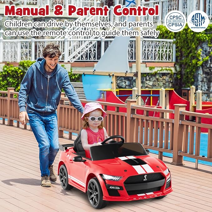 Costzon Ride on Car, 12V Licensed Ford Mustang Shelby GT500 Kids' Electric Vehicles w/Remote Control, USB Port, Radio, Music, Player, High Low Speed & Soft Start, Racing Kids Car for Toddlers (Red)
