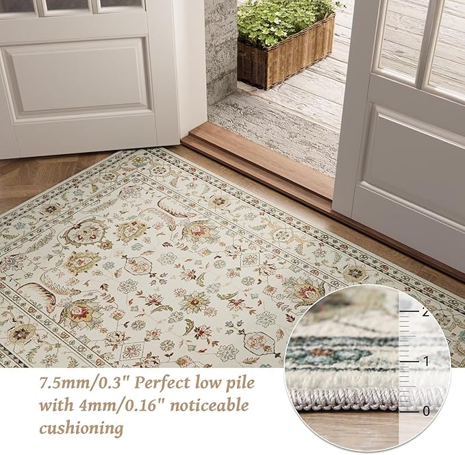 Washable 3x5 Entryway Rug Indoor, Boho Non-Slip Silicone Backing Small Rugs for Kitchen Nursery Office Bedroom, 0.3" Neutral Oriental Throw Carpet with 0.16" Cushioning Pad, Light Beige/Multi