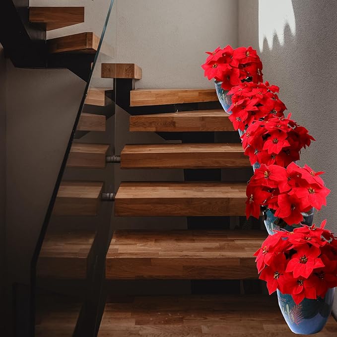 8 Pack Bulk Christmas Artificial Poinsettia Flowers Stem Bouquets Outdoors with 40pcs 8.2 Inch Red Poinsettia Flowers Heads for Christmas Tree, Xmas Garland, Vase, Window Box, Porch Decorations
