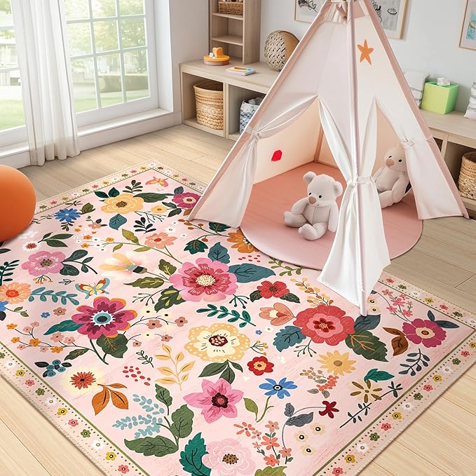 Floral 3x5 Area Rug Machine Washable Soft Print Boho Carpet Non Slip Doormat Low Pile Flower Area Rugs for Living Room Bedroom Nursery Kitchen Dining Room Indoor-Pink