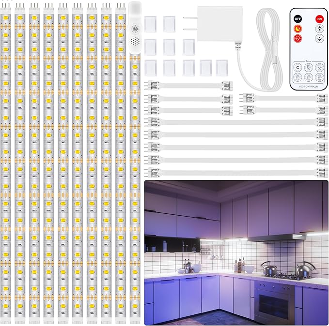 LAFULIT 10 PCS Under Cabinet Lights Kit, Stick on Lights, Flexible Led Strip Lights with Remote and Power Adapter,for Kitchen Cabinets Shelf Desk Counter Corner, 6000K Daylight White, 16.4ft