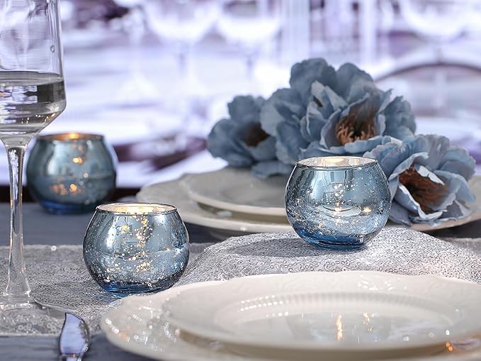 LAMORGIFT 24 Pcs Blue Votive Candle Holders Bulk- Blue Tealight Candle Holders for Wedding Decor, Mercury Glass Votives for Bridal Shower, Baby Shower Table Centerpieces
