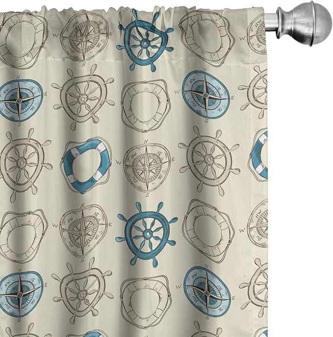 Ambesonne Compass Window Curtains, Marine Themed Doodle Art Vintage Inspirations Traveling Exploration Cruise Pattern, Lightweight Decor 2-Panel Set with Rod Pocket, Pair of - 28" x 95", Beige Teal