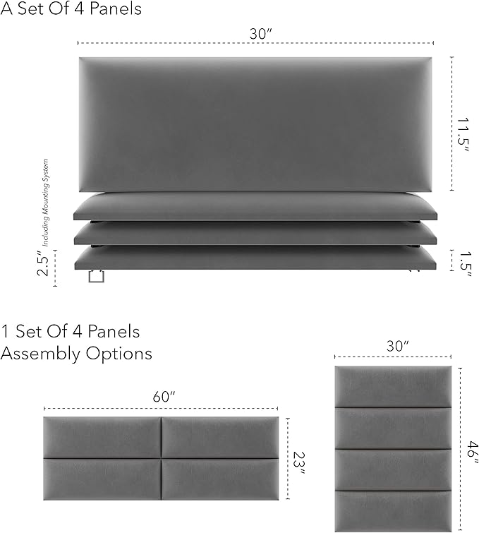 Vänt Upholstered Wall Panels - Queen/Full Size Wall Mounted Velvet Headboards - Velvet Smoke Grey - Set of 4 Panels (Each Individual Panel 30"x11.5")