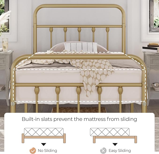 Yaheetech Classic Metal Platform Bed Frame Mattress Foundation with Victorian Style Iron-Art Headboard/Footboard/Under Bed Storage/No Box Spring Needed/Twin Size Antique Gold