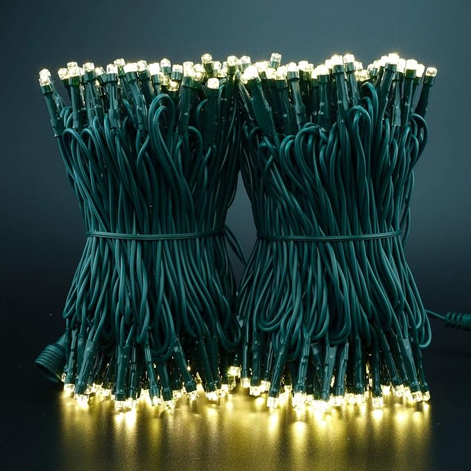YULETIME 100 ft 300 Count Warm White LED String Lights with 8 Models Adapter, Green Wire Wide Angle 5mm Christmas Lights (Warm White - Green Wire)