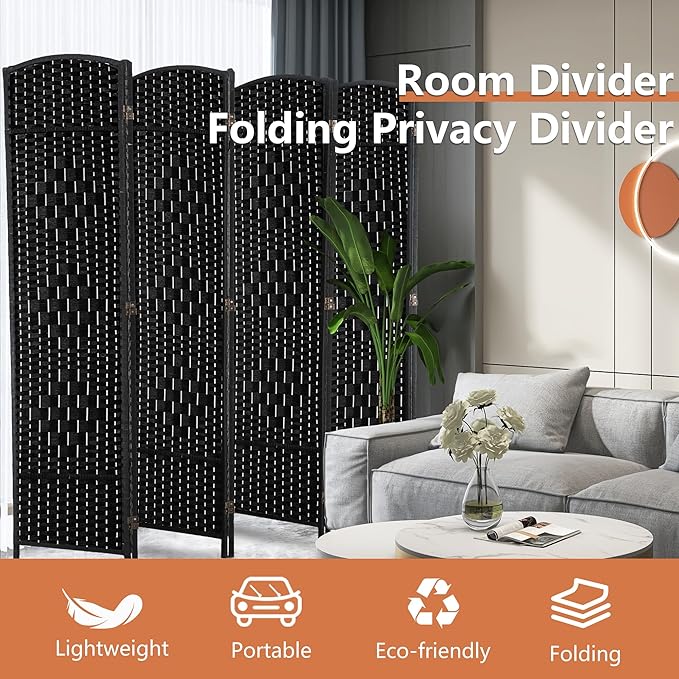 FDW Room Divider 8 Panel Folding Privacy Divider 6 Ft Indoor Wall Divider Portable Partition Wood Screen, Coal Black