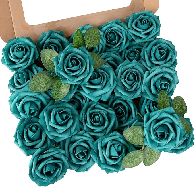 MACTING Artificial Rose Flowers 30PCS Real Touch Fake Flowers with Stem Peacock Green Foam Roses for DIY Wedding Bouquets Table Centerpieces Floral Arrangements Party Home Spring Mothers Day Decor