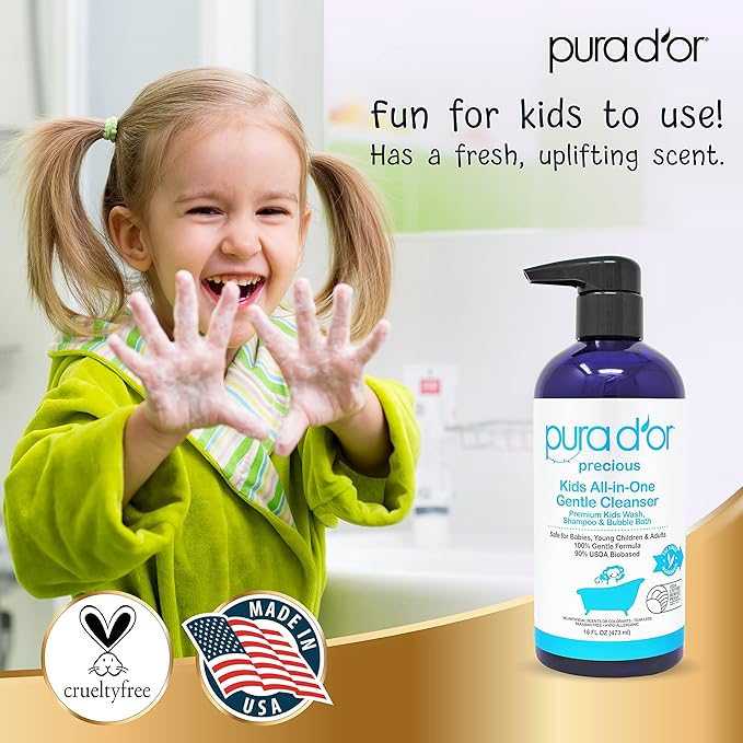 PURA D'OR Kids Wash (16oz x 3 = 48oz) All-in-One Gentle Cleanser - USDA Biobased, Sulfate-Free, Tear-Less, Hypoallergenic, Premium, Shampoo & Bubble Bath