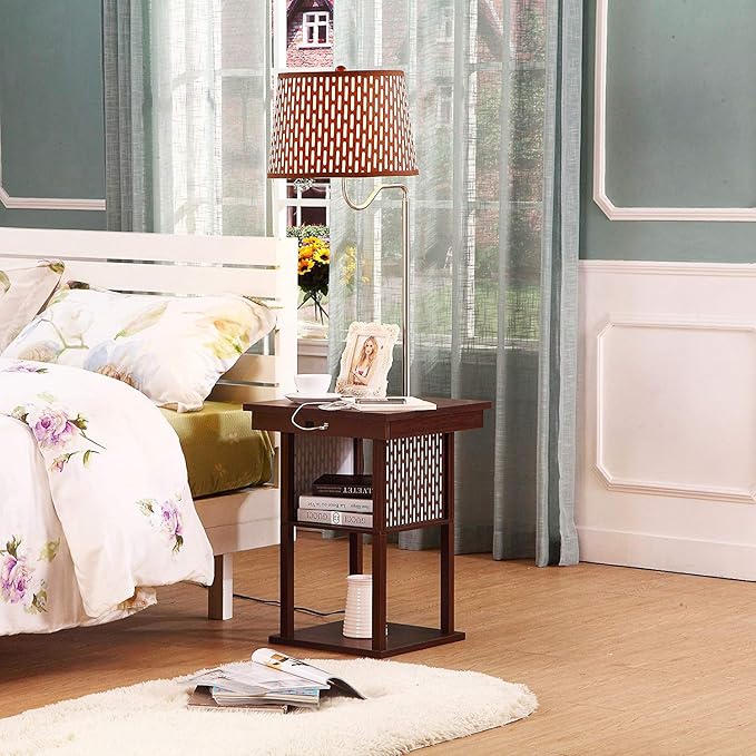 Brightech Madison Side Table with Lamp Combo with LED Bulb, Desk Lamp with USB Port, Bedside Reading Light, Modern End Table with Floor Lamp for Bedroom, Living Room, Office - Havana Brown