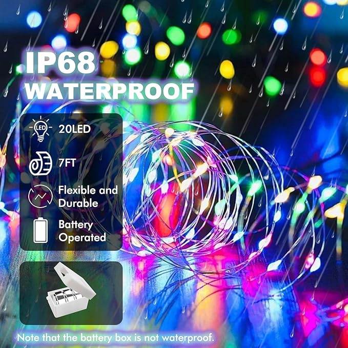 20 Pack Fairy Lights Battery Operated - 3 Speed Modes, 7Ft 20 LED String Twinkle Lights, Waterproof Copper Wire, Mini Firefly Light for Mason Jars Vases Christmas Decor, Multi-Colored