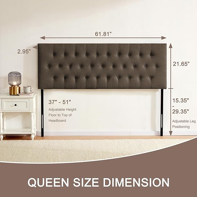Tufted Upholstered Headboard Queen Size, Solid Wood Head Board with Durable Metal Legs, Adjustable Height Bed headboard from 37” to 51” Fabric Headboard in Button Design, Chocolate