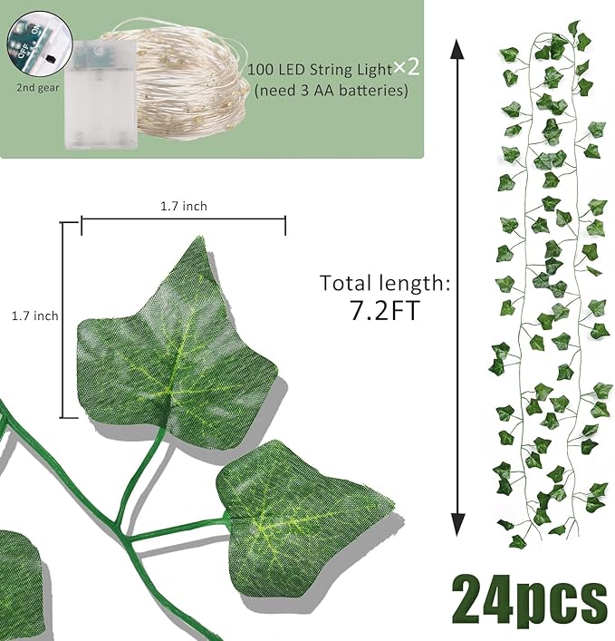 RECUTMS Ivy Fake Vines 24 Pack 173 FT Artificial Vine with 200 LED String Light Leaves Wall Decor Leaf Plants Greenery Garland Hanging Plant for Aesthetic Room Garden Office Wedding Decorations