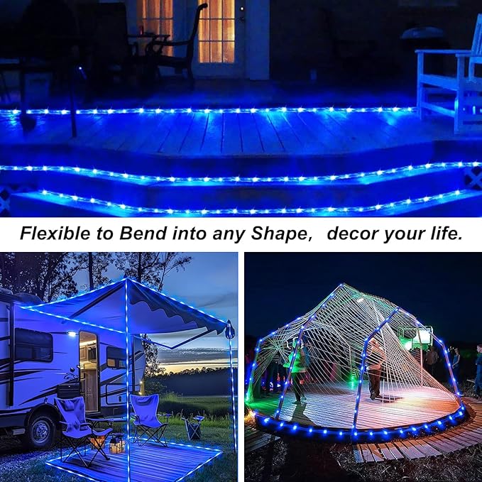 JMEXSUSS 100 LED Blue Battery Operated Rope Lights Outdoor Waterproof, 33ft 8 Modes Battery Christmas Light, Battery Powered String Lights with Remote for Trampoline Camping Canopy Tent Pool Decor