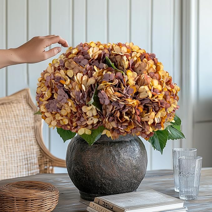 10PCS Fake Hydrangea Artificial Flowers Hydrangea Bouquet for Home Wedding Bridal Bouquet Office Party Table Centerpiece DIY Floral Decor (Autumn Orange)