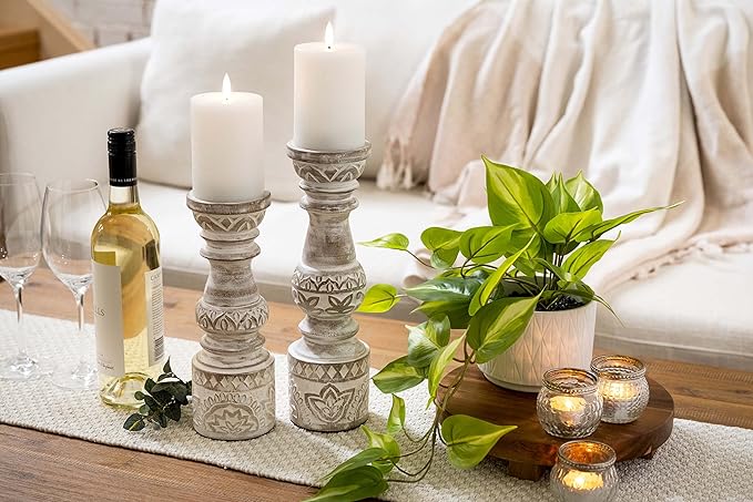 Kurrajong Farmhouse Candle Holders - Boho Set of 2 Tall Candle Stands | Decorative Wood 10" and 12" high | White Washed Candle Holders for Pillar Candles
