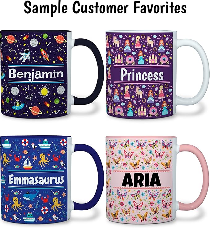 Personalized Mug for Kids - Farm Animals - Custom Name/Text, Ceramic Hot Chocolate/Cocoa/Coffee Cup for Boys/Girls, Birthday/Christmas/Holiday Gift - 11 oz, Pink Handle