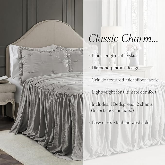 Lush Decor Ravello Pintuck Ruffle Skirt Bedspread Set - Luxe 3 Piece Ruffled Bedding Set - Traditional Glam & Farmhouse Inspired Bedroom Decor - Queen, Light Gray