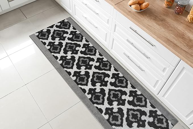 Custom Length Cut to Size Fleur de Lis Inspired Carpet Runner Rug for Hallways, Non Slip Rubber Backed, 31 inch Wide X Customized Length, Royal Grey, 31 inch X 5 feet
