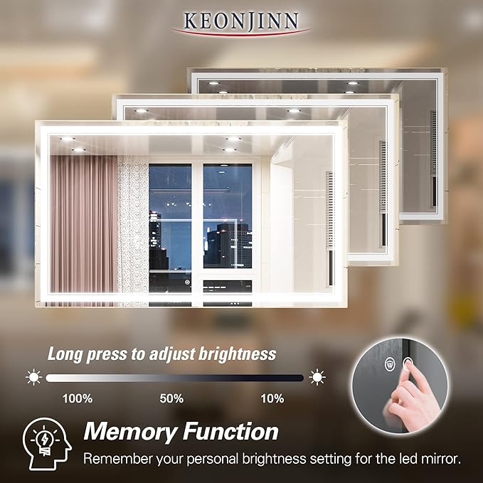 Keonjinn LED Bathroom Mirror with Lights 60 x 36 Inch, Large LED Vanity Mirror for Bathroom, HD Tempered Glass, UL Listed LED Driver, Easy to Install, Anti-Fog, Memory Dimmable 6000K, Frontlit Only
