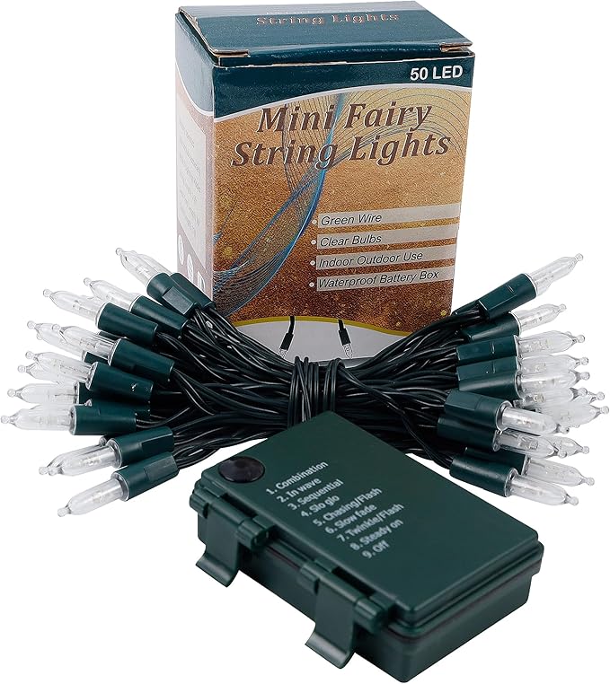 Blissun Christmas Lights, 50-Count Green Wire Light Set, Battery Operated Christmas Mini String Light with 8 Modes, 16 ft Fairy Lights for Christmas Tree Garden Wreath Decorations (1 Pack, Warm White)