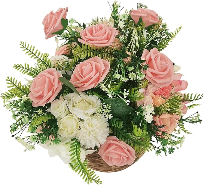 Artificial Flowers 25pcs Fake Roses, Peach Pink Foam Rose Faux Flower for DIY Wedding Bouquets Bridal Shower Centerpieces Floral Arrangements Home Decorations Party Backdrops Table