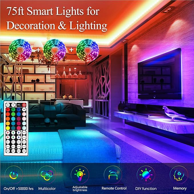 QZYL 75ft LED Lights for Bedroom, RGB LED Strip Lights for Living Room, Party Decor with Dimmable Lighting, Bright Adjustable Colors, and 8 Lighting Modes, Adhesive Backing