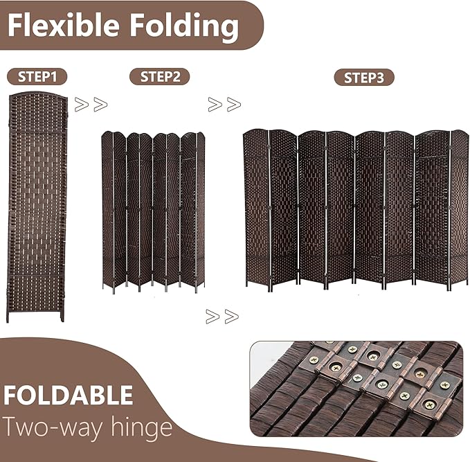 Room Divider 8 Panel Folding Privacy Divider 6 Ft Indoor Wall Divider Portable Partition Wood Screen, Brown