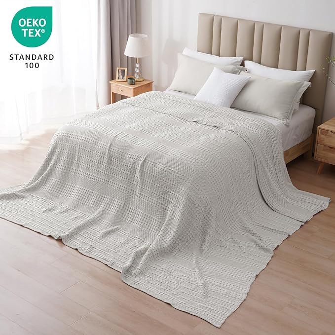 PHF 100% Cotton Waffle Blanket Oversized King 120"x120", Lightweight Breathable Extra Large 10'x10' Blankets for Bed, Giant Big Luxury Aesthetic Woven Bedding for Home Decor, Light Grey