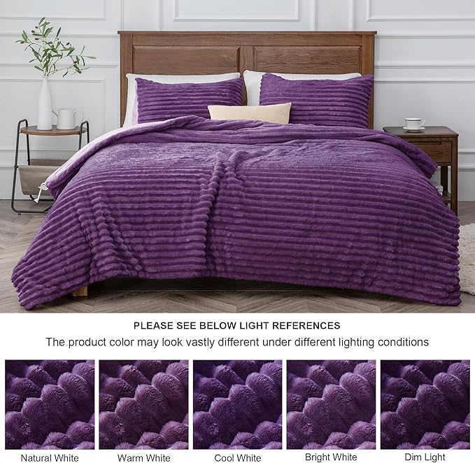 BEDELITE Fleece King Comforter Set -Super Soft & Warm Fluffy Purple Bedding, Luxury Fuzzy Heavy Bed Set for Winter with 2 Pillow Cases