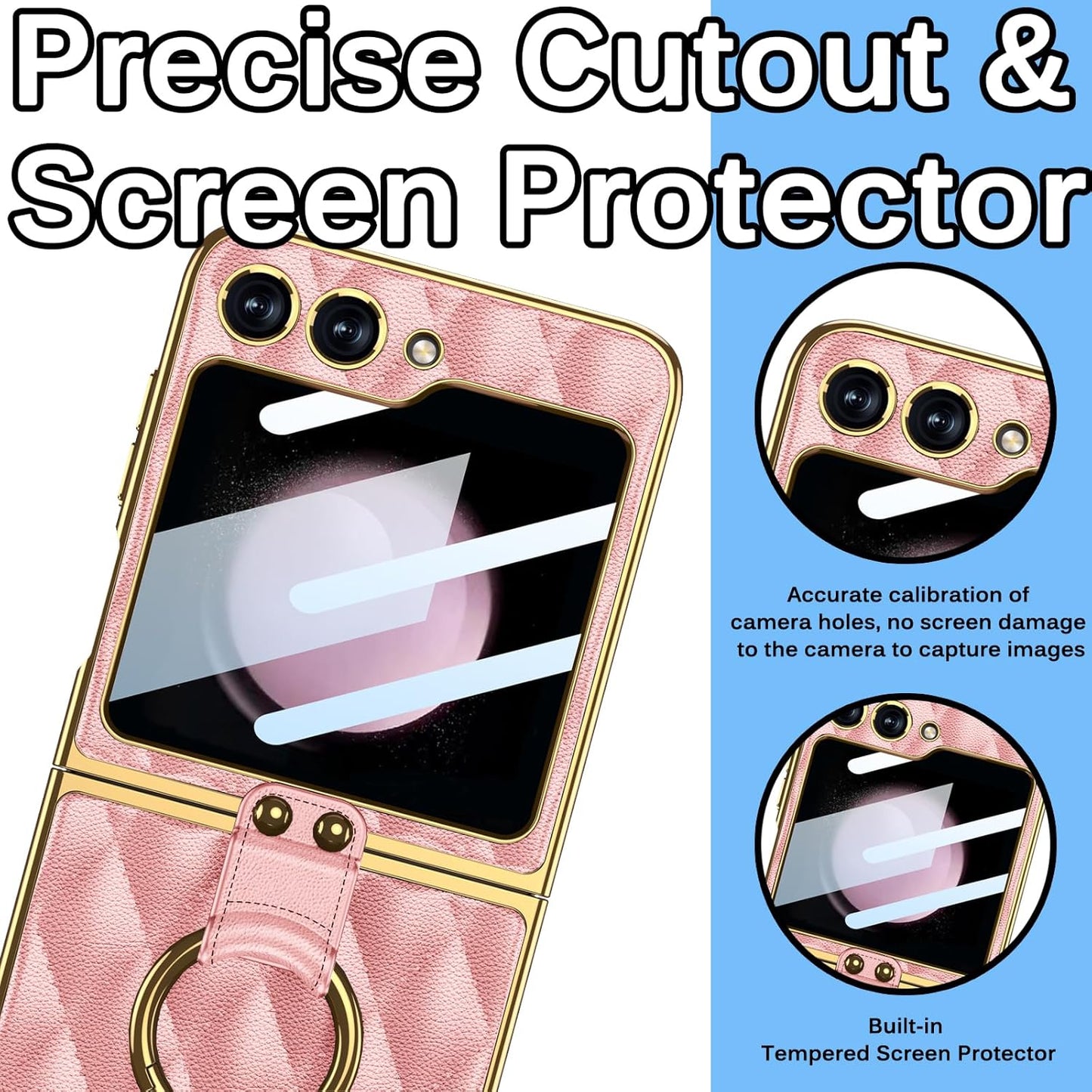 Miimall Leather Case with Ring for Samsung Z Flip 5 5G, Pink, Back Screen Protector + Metal Ring Holder Kickstand