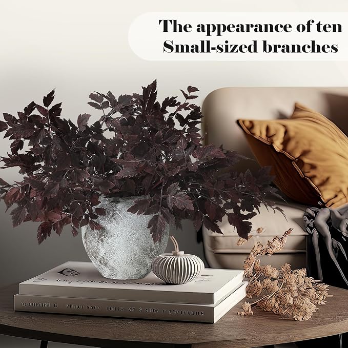 Lyrow 10 Pack Artificial Cimicifuga Plant Leaf Spray Faux Plum Cimicifuga Ramosa Leaf Branch Faux Fall Spray Silk Plants for Home Vase Wedding Garden Farmhouse Table Mantel Decor (18 Inches)