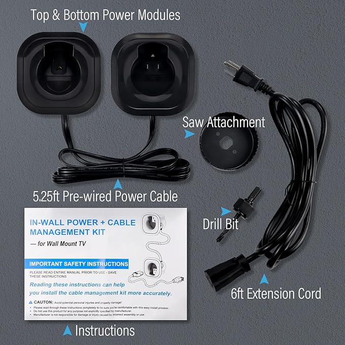 in-Wall Cable Management Kit for Wall Mounted TV - White Power & Low Voltage Cord Hider with Hole Saw, Extension Cord & Splitter - Hide TV Wires Behind Walls for Clean Home Theater & Gaming Setup