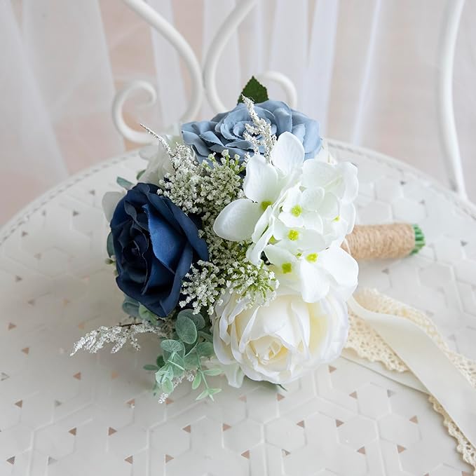 Wedding Bouquets for Bride Bridesmaid, Artificial Dusty Blue Bride Flower Bouquet for Wedding Church Decoration Ceremony, Anniversary, etc, Roses Flowers