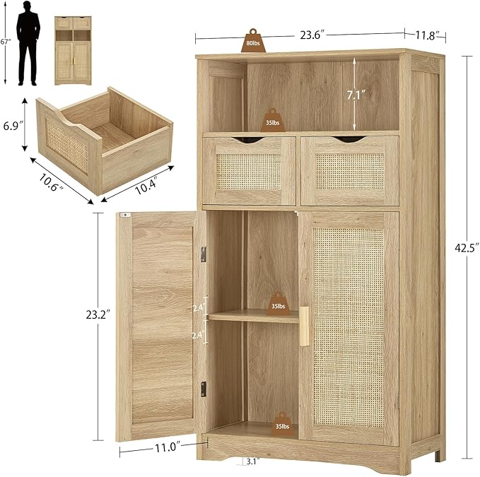 Iwell Storage Cabinet with 2 Drawers & Adjustable Shelves, Rattan Cabinet, Kitchen Pantry Cabinets, Cupboard for Living Room, Kitchen, Home Office, Natural