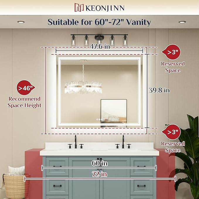 Keonjinn 48 x 40 Inch LED Bathroom Mirror with Lights, Large Wall Mounted Vanity Mirror, UL Listed LED Driver, HD Tempered Glass, Easy Installation, Anti-Fog, Memory Dimmable 6000K, CRI 90+