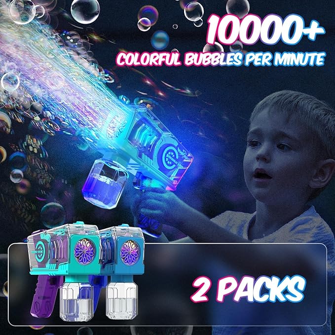 Eaglestone Bubble Gun for Kids 2 Packs, Automatic Bubble Machine, 10-Hole Bubbles Wands Blaster for Toddlers with LED Lights & Solution, Easter, Party Favor, Outdoor Toys for Boys & Girls