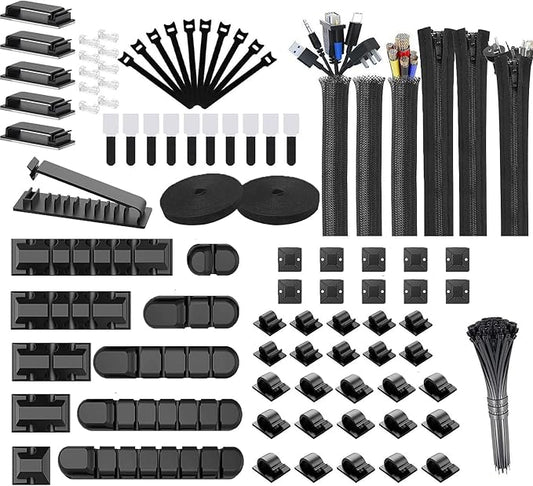 189PCS Cable Management Kit, 6 Cable Sleeve40 Cable Clips with 11Cord Holders, 2 Roll Self Tie, 10 Self Adhesive Cord Organizer, 100 Fastening Cable Ties,10 Cable Zip Tie Mounts