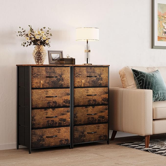ODK Dresser for Bedroom with 4 Storage Drawers, Small Dresser Chest of Fabric Drawers with Sturdy Steel Frame, Wood Top, Vintage