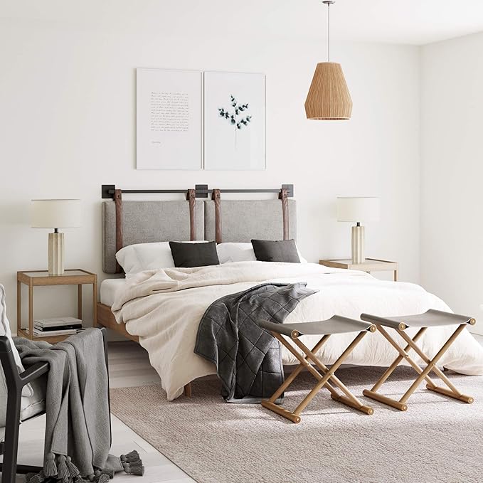 Nathan James Harlow Modern Wall Mount Hanging Headboard, Queen, Gray with Brown Faux Leather Straps