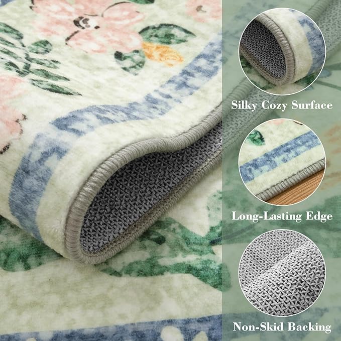 Wonnitar Machine Washable Area Rugs 9x12, Soft Sage Green Floral Rug for Living Room Bedroom, Ultra-Thin Large Foldable Boho Carpets for Playroom Classroom Dining Room