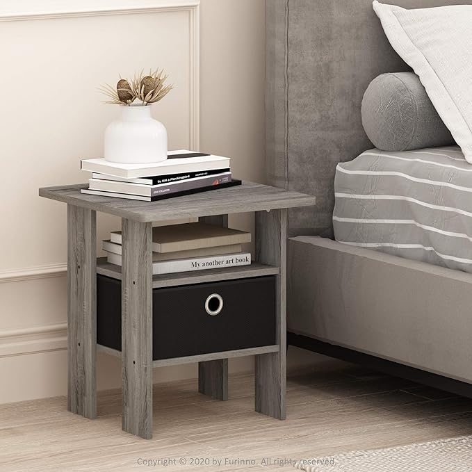 Furinno ANDREY Side Table, End Table, Night Stand with Open Shelves and Storage Bin, Bedside Table, for Living Room, Bedroom, French Oak