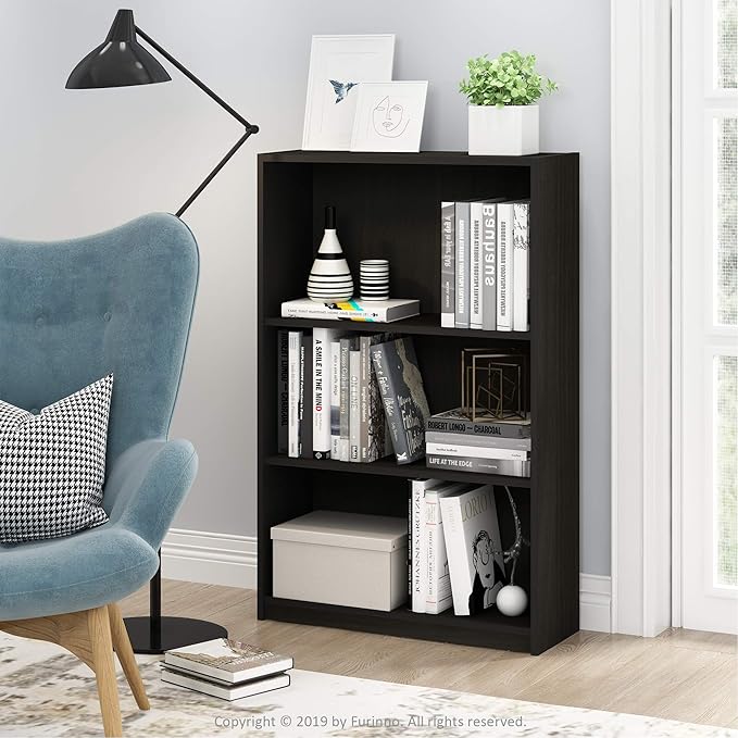 Furinno JAYA Book Shelf, 3-Tier Bookshelf, Bookcase with Adjustable Shelves, 9.5 x 24.5 x 40.3, for Living Room, Bedroom, Home Office, Espresso