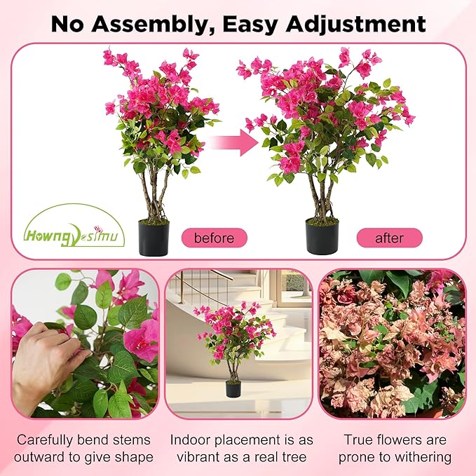 2 Pack Artificial Bougainvillea Tree, 3FT Faux Silk Floral Tree Bougainvillea Plant with Flowers in Plastic Pot for Home Office Garden Indoor Outdoor Decor