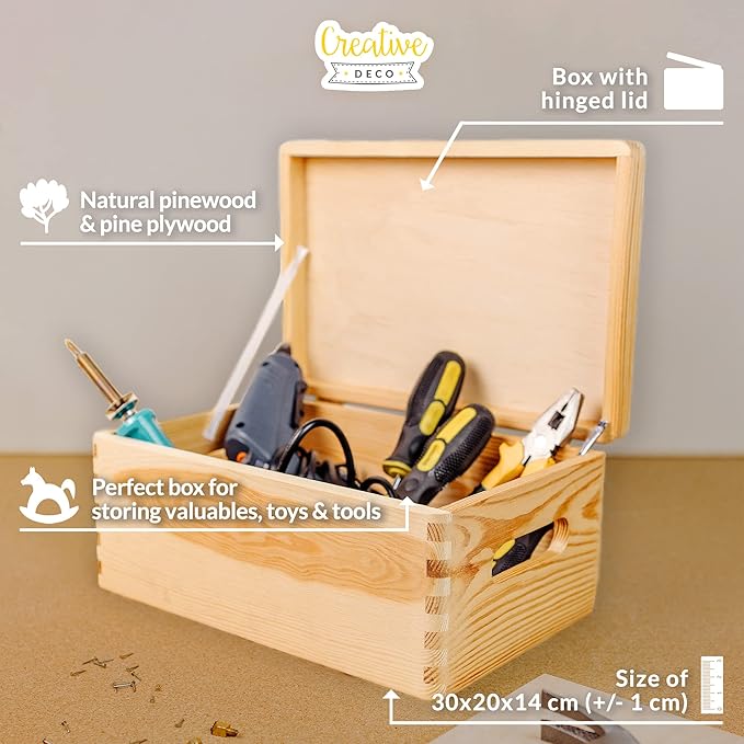 Large Wooden Storage Box with Hinged Lid | 11.8 x 7.87 x 5.51 in (+-0.5) | Plain Unpainted Gift Box with Handles for Tool Toy Shoes Kitchen Clothes Jewelry | Rough & UNSANDED Wood