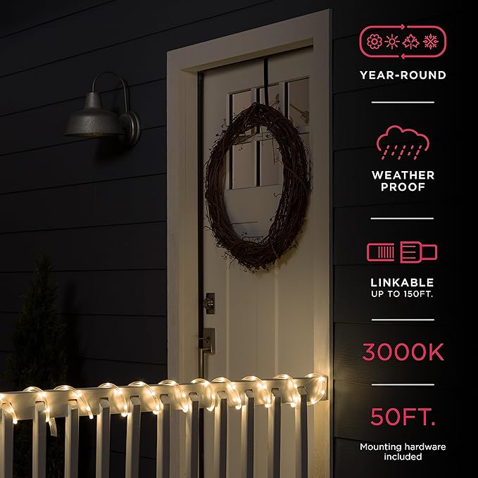 UltraPro LED Rope Lights, 50ft Classic Clear Rope, Warm White Light 3000K, Indoor/Outdoor, Flexible, Linkable, Durable, Rope Lights Outdoor, 54505